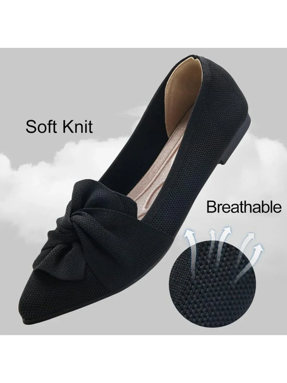 Women's Black Pointed Toe Ballet Flats with Bow Comfortable Knit Dressy Shoes